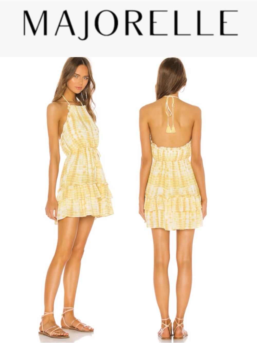 MAJORELLE BAKER GOLDEN SUN TIE DYE HALTER MINI DRESS TASSEL TIE RUFFLE TIERED